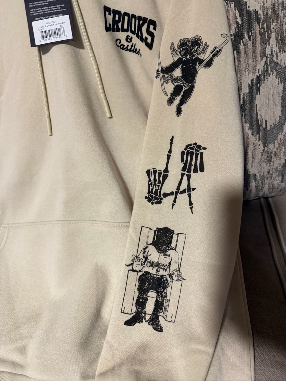 Crooks & Castles Cream Pullover Hoodie with Black Graphic Details - Picture 4 of 5